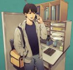  1boy bag black_hair cellphone character_request desk hand_in_pocket hood hoodie male_focus minato_(getto_m) phone shirobako short_hair smartphone solo talking_on_phone 