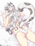  1girl animal_ears arknights artist_name ass bangs bed_sheet breasts commentary convenient_arm cowboy_shot eyebrows_visible_through_hair from_behind grey_eyes hand_up head_chain highres leopard_ears leopard_tail long_hair looking_at_viewer looking_back lying medium_breasts on_stomach panties pillow pramanix_(arknights) profile razrafz side-tie_panties silver_hair solo tail thighs topless underwear white_panties 