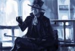  1boy arch artist_name ascot closed_mouth collar den_den_mushi goggles goggles_on_headwear hat holding holding_weapon indoors long_sleeves looking_to_the_side male_focus monochrome one_piece railing sabo_(one_piece) scar short_hair sitting snail solo top_hat tsuyomaru weapon 
