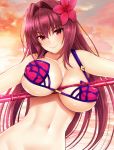  1girl bangs bare_shoulders beach between_breasts bikini breasts closed_mouth cloud cocq_taichou collarbone fate/grand_order fate_(series) flower gae_bolg hair_flower hair_intakes hair_ornament hibiscus large_breasts long_hair looking_at_viewer navel outdoors polearm purple_hair red_bikini red_eyes revision scathach_(fate)_(all) scathach_(swimsuit_assassin)_(fate) smile solo spear swimsuit twilight unaligned_breasts upper_body water weapon 