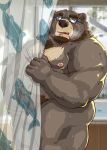 2020 anthro barely_visible_genitalia barely_visible_penis belly blush bodily_fluids brown_body brown_fur censored detailed_background erection eyewear fur genitals glasses hi_res humanoid_hands kemono male mammal moobs nipples overweight overweight_male penis raichoclub solo sweat ursid 