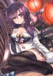  1girl azur_lane bell black_hair black_legwear blush bonsai breasts brown_eyes chouchin_obake commentary_request eyebrows_visible_through_hair flower hair_bell hair_between_eyes hair_ornament hairclip hand_on_breast hand_on_own_chest highres horns jingle_bell lantern large_breasts long_hair looking_at_viewer nagara_(azur_lane) nagara_(relaxing_spring_day)_(azur_lane) pointy_ears sitting skirt smile solo tatami thighhighs twintails zombie_mogura 