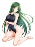  1girl absurdres barefoot black_swimsuit commentary_request competition_swimsuit full_body green_eyes green_hair highleg highleg_swimsuit highres jewelry kid_icarus kid_icarus_uprising kneeling long_hair looking_at_viewer one-piece_swimsuit palutena simple_background solo super_smash_bros. swimsuit tamamon tiara white_background 