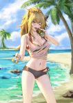  1girl absurdres animal_ears arknights bangs bare_arms bare_shoulders beach bikini black_bikini black_nails blonde_hair blue_sky breasts brown_eyes can candy chinese_commentary cleavage cloud commentary_request cowboy_shot crop_top day food groin hair_between_eyes highres holding holding_can holding_food large_breasts lion_ears lollipop long_hair looking_at_viewer midriff nail_polish navel ocean one_eye_closed open_mouth outdoors palm_tree siege_(arknights) sky solo standing stomach swimsuit tank_top thighs tongue tongue_out tree water white_tank_top xiehuangbao_bo 