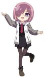  1girl absurdres chibi fate/grand_order fate_(series) full_body glasses hair_over_one_eye highres leon_(mikiri_hassha) mash_kyrielight necktie pantyhose pink_hair purple_eyes solo standing standing_on_one_leg sweatdrop white_background 