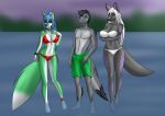  anklet anthro aventis aventis_vixxx bikini black_body black_fur blue_eyes blue_hair bracelet brown_eyes canid canine canis choker clothing collar dinosaur dromaeosaurid eyewear female female/female fox fur green_body green_fur grey_body grey_skin group hair jewelry lake male male/female mammal navel necklace outside purple_eyes reptile scales scalie sunglasses swimming_trunks swimwear tattoo theropod water white_hair wolf 