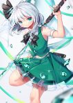  &gt;:) 1girl aqua_eyes aqua_nails bangs black_bow black_neckwear black_ribbon bloomers blush bow bowtie closed_mouth commentary_request eyebrows_visible_through_hair green_skirt green_vest gunjou_row hair_ribbon highres holding holding_sword holding_weapon konpaku_youmu konpaku_youmu_(ghost) layered_skirt leg_up looking_at_viewer magatama nail_polish no_hairband puffy_short_sleeves puffy_sleeves ribbon see-through serious short_hair short_sleeves silver_hair skirt smile solo standing standing_on_one_leg sword touhou underwear vest weapon weapon_on_back 