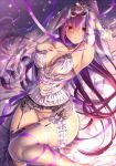  1girl arm_up armpits bangs bed blush breasts choker cleavage commentary_request emanon123 fate/grand_order fate_(series) garter_belt garter_straps hair_between_eyes headpiece highres lace large_breasts lingerie looking_at_viewer lying negligee on_back open_mouth purple_hair ribbon scathach_(fate)_(all) scathach_skadi_(fate/grand_order) solo thighhighs underwear veil 