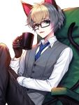  1boy animal_ears black_gloves black_pants blonde_hair blue_neckwear cat_ears cat_tail commentary_request cup doubutsu_no_mori eyebrows_visible_through_hair fangs glasses gloves green_eyes hair_between_eyes heterochromia highres holding jack_(doubutsu_no_mori) kyundoo long_sleeves looking_at_viewer male_focus necktie pants personification shirt simple_background sitting smile solo tail teacup white_background white_shirt 