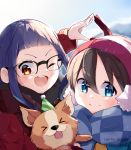  &gt;_&lt; 2girls animal blue_eyes brown_hair chihuahua chikuwa_(yurucamp) commentary dog glasses hat highres instagram_username jacket multiple_girls one_eye_closed oogaki_chiaki open_mouth orange_eyes party_hat purple_hair ringosutta saitou_ena scarf tongue tongue_out twitter_username winter_clothes yurucamp 