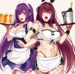  2girls animal_ears apron bangs beer_mug blush braid breasts bunny_ears champagne_bottle cleavage cup fate/grand_order fate_(series) fishnet_legwear fishnets frilled_skirt frills hair_ribbon holding holding_tray ice_bucket large_breasts locked_arms long_hair maid_apron maid_headdress miniskirt mug multiple_girls navel okitakung open_mouth purple_hair red_eyes ribbon scathach_(fate)_(all) scathach_(fate/grand_order) scathach_skadi_(fate/grand_order) simple_background skirt tray twin_braids white_background 