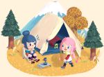  2girls basket blue_eyes blue_hair blush_stickers camping carrying chair chibi commentary doubutsu_no_mori english_commentary folding_chair hair_bun kagamihara_nadeshiko long_hair mount_fuji multiple_girls outdoors parody pink_hair purple_eyes ringosutta shima_rin sitting sleeping_bag style_parody tent tree twintails yurucamp 