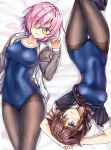  2girls ahoge arms_up ass_visible_through_thighs black_hair black_legwear black_serafuku blue_eyes blue_swimsuit braid commentary_request competition_school_swimsuit cowboy_shot crossed_legs fate/grand_order fate_(series) from_above grey_jacket hair_flaps hair_over_one_eye hair_over_shoulder hood hooded_jacket hoodie jacket kantai_collection kotatsu_(kotatsu358) looking_at_viewer lying mash_kyrielight multiple_girls pantyhose pantyhose_under_swimsuit purple_eyes purple_hair remodel_(kantai_collection) school_swimsuit school_uniform serafuku shigure_(kantai_collection) shirt_lift short_hair single_braid swimsuit thighband_pantyhose 