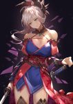  1girl absurdres blue_eyes blue_kimono breasts cleavage cowboy_shot fate/grand_order fate_(series) hair_ornament head_tilt highres japanese_clothes kakage katana kimono large_breasts leaf_print light_particles long_hair magatama_necklace maple_leaf_print miyamoto_musashi_(fate/grand_order) obi pink_hair ponytail sash scabbard sheath smile solo sword unsheathed weapon 
