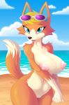  animal_crossing anthro audie_(animal_crossing) beach big_breasts breasts canid canine canis eyewear female hi_res looking_at_viewer mammal nintendo nipples nude open_mouth sand seaside solo sunglasses video_games water whitmaverick wolf 