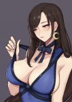  1girl bangs bare_shoulders blue_dress blush breasts brown_eyes brown_hair cleavage closed_mouth collarbone dress evan_yang final_fantasy final_fantasy_vii final_fantasy_vii_remake grey_background highres large_breasts long_hair looking_to_the_side simple_background solo swept_bangs tifa_lockhart 