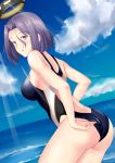  1girl adjusting_clothes adjusting_swimsuit ass back beach black_swimsuit blue_sky breasts cloud competition_swimsuit cowboy_shot day eyebrows headgear highleg highleg_swimsuit highres kantai_collection looking_at_viewer looking_back mechanical_halo medium_breasts one-piece_swimsuit open_mouth outdoors purple_eyes purple_hair short_hair sky solo standing sunlight swimsuit taira_yuuki tatsuta_(kantai_collection) water 