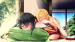  2girls ahoge albacore_(azur_lane) azur_lane bangs bare_shoulders black_hair blonde_hair blue_sky blush breast_press breasts bubble cheek_press cleavage commentary_request crossed_bangs cushion dress fence futon glass hair_between_eyes hand_on_another&#039;s_ass head_on_ass highres indoors japanese_clothes kimono large_breasts long_hair lying monobe-moriya multiple_girls off-shoulder_kimono on_stomach open_door red_dress red_eyes red_kimono sky sleeping sleeping_on_person sliding_doors taihou_(azur_lane) tatami thighhighs thighs tree wavy_mouth wide_sleeves wooden_fence 