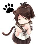  1girl animal_ears brown_eyes brown_hair brown_sailor_collar brown_skirt cat_ears cat_tail cowboy_shot fish highres kantai_collection kuroneko86 leaning_forward looking_at_viewer mouth_hold paw_pose paw_print ponytail sailor_collar school_uniform serafuku shikinami_(kantai_collection) short_hair simple_background skirt solo tail twitter_username white_background 