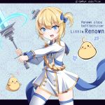  1girl ahoge azur_lane bangs bird blonde_hair blue_bow blue_eyes bow character_name chick coat_dress commentary_request cowboy_shot dated english_text eyebrows_visible_through_hair gold_trim hair_bow hebitsukai-san highres holding holding_sword holding_weapon little_renown_(azur_lane) long_sleeves looking_at_viewer manjuu_(azur_lane) military military_uniform open_mouth renown_(azur_lane) short_hair solo sword thighhighs twitter_username uniform weapon white_legwear 