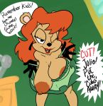  anthro areola big_areola big_breasts breasts clothing dialogue dress exposed_breasts female flashing hair hanging_breasts hi_res julie_bruin lipstick makeup mammal nipples one_eye_closed red_hair seductive solo terrible_the_drawfag tiny_toon_adventures ursid warner_brothers wink 