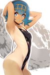  1girl armpits arms_up bangs black_swimsuit blue_hair blush bright_pupils casual_one-piece_swimsuit commentary flat_chest from_side hair_ornament highres looking_at_viewer looking_to_the_side one-piece_swimsuit one-piece_tan pokemon pokemon_(game) pokemon_sm profile shiny shiny_hair shiny_skin short_hair slugbox solo standing suiren_(pokemon) swimsuit symbol_commentary tan tanline trial_captain 