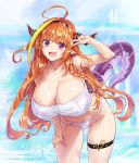  1girl :d ahoge ark_survival_evolved bikini braid breasts cleavage commentary_request dragon_girl dragon_horns dragon_tail fang hairband highres hololive horns kiryuu_coco kiyama_satoshi large_breasts long_hair looking_at_viewer open_mouth orange_hair red_eyes smile solo swimsuit tail thigh_strap v very_long_hair virtual_youtuber white_bikini 