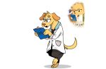  2020 anthro bird_dog black_tie blue_clothing blue_shirt blue_topwear bottomwear canid canine canis clipboard clothing coat domestic_dog dr._jennifer_dogna eyewear female fur glasses golden_retriever holding_clipboard hunting_dog lab_coat mammal necktie pants paws piemations pink_nose retriever shirt simple_background solo super_animal_royale topwear white_background yellow_body yellow_fur 