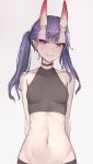  1girl alternate_hairstyle arms_behind_back bangs bare_arms bare_shoulders black_shirt breasts choker commentary_request crop_top eyebrows_visible_through_hair eyeshadow fate/grand_order fate_(series) grey_background grin groin headpiece highres horns long_hair looking_at_viewer makeup midriff navel oni oni_horns purple_eyes purple_hair sherryqq shirt shuten_douji_(fate/grand_order) simple_background sleeveless sleeveless_shirt small_breasts smile solo stomach thick_eyebrows twintails upper_body 