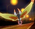  building burmy burmy_(trash) city commentary_request creature flying full_body gen_4_pokemon holding holding_pokemon keckle looking_at_viewer mothim night night_sky no_humans pokemon pokemon_(creature) road sky 