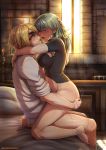  1boy 1girl absurdres artist_name ass_grab bare_legs barefoot bed black_shirt blonde_hair blush bottomless breasts breath byleth_(fire_emblem) byleth_(fire_emblem)_(female) candle closed_eyes clothed_sex collared_shirt day dimitri_alexandre_blaiddyd english_commentary evomanaphy eyelashes eyepatch fire_emblem fire_emblem:_three_houses from_side full_body green_hair hair_between_eyes hand_on_another&#039;s_head heavy_breathing hetero highres hug imminent_kiss implied_sex indoors medium_breasts medium_hair midriff motion_lines navel open_mouth profile scar sex shirt short_hair sitting stone_wall straddling sunlight taut_clothes thighs upright_straddle wall white_shirt window 