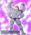  4_arms 5_fingers anthro black_clothing black_underwear butt clothing english_text fingers funeral-paws gesture grey_body grin half-closed_eyes heart_background hi_res looking_back machamp male multi_arm multi_limb muscular muscular_male narrowed_eyes nintendo pointing pointing_at_self pok&eacute;mon pok&eacute;mon_(species) rear_view red_eyes smile solo teasing text underwear video_games 
