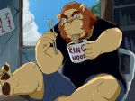  2012 anthro bodily_fluids chair detailed_background eating eyewear felid food furniture glasses humanoid_hands kemono lion male mammal pantherine sitting slightly_chubby solo sweat train_(artist) 