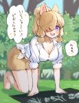  1girl adapted_costume all_fours alpaca_ears alpaca_girl alpaca_suri_(kemono_friends) animal_ears bare_legs barefoot blue_eyes blush collarbone collared_shirt commentary_request eyebrows_visible_through_hair fur_trim hair_over_one_eye hair_tubes highres ichi001 kemono_friends open_mouth shirt short_hair short_sleeves shorts smile solo tied_shirt translation_request white_hair white_shirt 