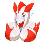  1:1 2019 anthro blue_eyes blue_pupils blush bodily_fluids breasts canid female flying_sweatdrops glistening glistening_body hi_res kemojin looking_at_viewer mammal red_body simple_background solo sweat sweatdrop wavy_mouth white_background white_body 