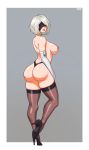  1girl absurdres ass black_blindfold black_footwear black_panties blindfold breasts elbow_gloves gloves high_heels highres large_breasts lips nier_(series) nier_automata panties parted_lips rizdraws short_hair thighhighs thighs underwear white_hair yorha_no._2_type_b 