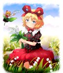  2girls bangs black_shirt blonde_hair blue_eyes blue_sky blurry blurry_background bouquet bow bowtie cloud commentary_request day depth_of_field eyebrows_visible_through_hair fairy_wings flower flying frilled_shirt_collar frills grass hair_ribbon head_tilt highres holding holding_bouquet lily_of_the_valley looking_at_viewer medicine_melancholy multiple_girls outdoors parted_bangs puffy_short_sleeves puffy_sleeves red_neckwear red_skirt ribbon shirt short_hair short_sleeves sitting skirt sky smile su-san touhou wariza wings yossy_(yossy1130) 