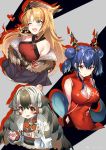  3girls ;d absurdres animal_ears arknights bare_shoulders black_jacket blonde_hair blue_eyes blue_hair breasts ch&#039;en_(arknights) china_dress chinese_clothes cleavage cleavage_cutout covered_navel criss-cross_halter double_bun dragon_horns dress fang fur_trim halter_dress halterneck hat heart highres horns jacket kikimi labcoat large_breasts long_hair looking_at_viewer looking_away multicolored_hair multiple_girls off_shoulder one_eye_closed open_mouth red_dress red_eyes smile snowsant_(arknights) streaked_hair sunglasses swire_(arknights) tiger tiger_ears twintails two-tone_hair 
