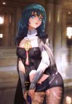  1girl armor armored_dress artist_name black_cloak black_legwear black_shorts blue_eyes blue_hair breasts byleth_(fire_emblem) byleth_(fire_emblem)_(female) cloak contrapposto cowboy_shot detached_collar english_commentary esther eyelashes fire_emblem fire_emblem:_three_houses hair_between_eyes knife lips long_hair looking_at_viewer medium_breasts midriff navel navel_cutout pantyhose parted_lips short_shorts shorts signature solo sunlight tassel vambraces 