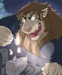  2013 anthro cake candle felid food humanoid_hands japanese_text kemono lion male mammal night pantherine solo text train_(artist) 