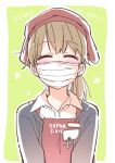  1girl ^_^ apron badge blush brown_hair closed_eyes employee_uniform eyebrows_visible_through_hair fast_food_uniform kerchief mask mouth_mask open_collar original part_time_job pen pen_in_pocket ponytail red_apron shirt smile sodapop_(iemaki) solo surgical_mask uniform upper_body white_shirt yellow_background 