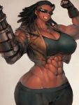  1girl abs arm_up barret_wallace black_gloves black_pants black_tank_top breasts dark_skin final_fantasy final_fantasy_vii final_fantasy_vii_remake fumio_(rsqkr) genderswap genderswap_(mtf) gloves gun hairlocs highres large_breasts lips looking_at_viewer mechanical_arm muscle muscular_female pants parted_lips sunglasses tank_top teeth thighs toned vest weapon wide_hips 