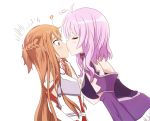  !? 2girls armor asuna_(sao) back braid breastplate breasts brown_eyes closed_eyes commentary english_commentary french_braid kiss large_breasts lavender_hair light_brown_hair long_hair multiple_girls short_hair_with_long_locks strea surprise_kiss surprised sword_art_online user_fedr5428 white_background 