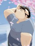  2013 anthro belly blush clothing domestic_pig humanoid_hands kemono male mammal outside overweight overweight_male shirt solo suid suina sus_(pig) topwear train_(artist) 