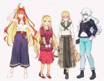  4girls ahoge aphrodite_(fate/grand_order) artemis_(fate/grand_order) bag bangs bare_shoulders belt black_footwear black_jacket black_shirt blonde_hair blue_pants blue_skirt boots braid braided_ponytail breasts brown_skirt cigarette cleavage closed_mouth collarbone contemporary crown_braid demeter_(fate/grand_order) earrings europa_(fate/grand_order) fate/grand_order fate_(series) floral_print frills full_body green_scarf grey_sleeves hair_intakes hand_on_hip hand_up handbag heart heart_earrings highres hsin jacket jewelry large_breasts lipstick long_hair long_skirt long_sleeves looking_at_viewer makeup midriff multiple_girls navel necklace open_clothes open_jacket open_mouth orange_eyes pants pantyhose pink_skirt plaid plaid_skirt purple_eyes red_footwear red_hair red_skirt scarf shirt shoulder_bag simple_background skirt skull_belt smile sunglasses sweater swept_bangs tiara very_long_hair white_camisole white_footwear white_hair white_sweater yellow_legwear 