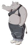  2013 anthro belly bottomwear clothing humanoid_hands kemono male mammal moobs navel overweight overweight_male pants rhinocerotoid simple_background solo train_(artist) white_background 