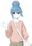  1girl absurdres bag blue_hair hair_bun highres n2midori orange_eyes shima_rin solo waving white_background yurucamp 