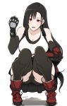  1girl :d ass bare_shoulders bike_shorts black_gloves black_hair boots breasts butcha-u cleavage earrings elbow_pads final_fantasy final_fantasy_vii final_fantasy_vii_remake fingerless_gloves gloves highres jewelry long_hair looking_at_viewer open_mouth red_eyes skirt smile solo squatting tifa_lockhart 