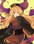  1girl black_dress black_headwear blonde_hair commentary_request dress hand_up highres junko_(touhou) kabocha1408 long_hair looking_at_viewer open_mouth orange_eyes pom_pom_(clothes) sleeves_past_fingers sleeves_past_wrists smile solo tabard touhou wide_sleeves yellow_background 