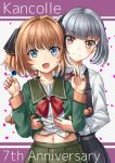  2girls anniversary bangs blue_eyes blush brown_eyes brown_hair candy copyright_name dress eyebrows_visible_through_hair fang food green_sailor_collar grey_hair hachijou_(kantai_collection) hair_ribbon holding holding_lollipop kantai_collection kasumi_(kantai_collection) lollipop long_hair long_sleeves mayura2002 multiple_girls navel open_mouth petals pinafore_dress pom_pom_(clothes) red_neckwear remodel_(kantai_collection) ribbon sailor_collar school_uniform serafuku short_hair skin_fang smile v 